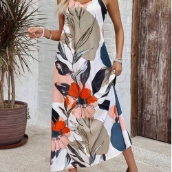 Kadın Ip Askılı Geniş V Yakalı Desenli Süprem Elbise , 25433