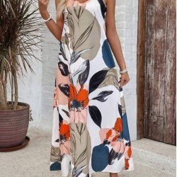 Kadın Ip Askılı Geniş V Yakalı Desenli Süprem Elbise , 25433