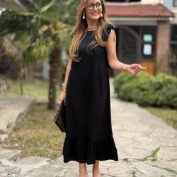 Kadın Omuzlardan Büzgülü Kayık Yaka Fırfırlı Janjan Krep Elbise , 25442