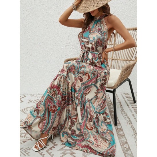 Kadın Halter Yakalı Omuzlardan Açık Kuşaklı Maksi Boy Desenli Süprem Elbise , 25472 Kadın Halter Yakalı Omuzlardan Açık Kuşaklı Maksi Boy Desenli Süprem Elbise , 25472