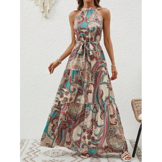 Kadın Halter Yakalı Omuzlardan Açık Kuşaklı Maksi Boy Desenli Süprem Elbise , 25472 Kadın Halter Yakalı Omuzlardan Açık Kuşaklı Maksi Boy Desenli Süprem Elbise , 25472