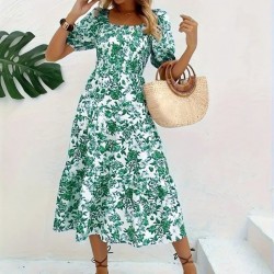 Kadın Kısa Kollu Kare Yakalı Lastikli Desenli Süprem Elbise , 25481 Kadın Kısa Kollu Kare Yakalı Lastikli Desenli Süprem Elbise , 25481