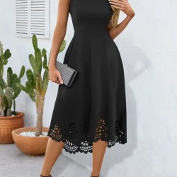 Kadın Askılı Geometrik Yaka çiçek Lazer Kesim Ithal Krep Elbise , 25493