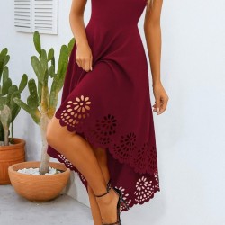 Kadın Askılı Geometrik Yaka çiçek Lazer Kesim Ithal Krep Elbise , 25492