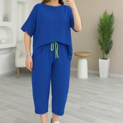 Kadın Kısa Kollu Bisiklet Yaka Viskon Iki Iplik Bluz Ve Pantolon Ikili Takım , 25104