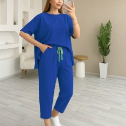 Kadın Kısa Kollu Bisiklet Yaka Viskon Iki Iplik Bluz Ve Pantolon Ikili Takım , 25104