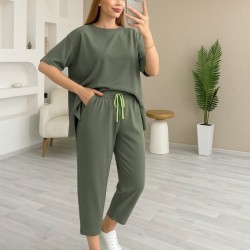 Kadın Kısa Kollu Bisiklet Yaka Viskon Iki Iplik Bluz Ve Pantolon Ikili Takım , 24756