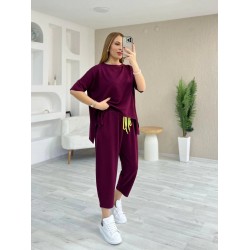 Kadın Kısa Kollu Bisiklet Yaka Viskon Iki Iplik Bluz Ve Pantolon Ikili Takım , 24721