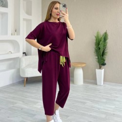 Kadın Kısa Kollu Bisiklet Yaka Viskon Iki Iplik Bluz Ve Pantolon Ikili Takım , 24721