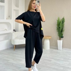 Kadın Kısa Kollu Bisiklet Yaka Viskon Iki Iplik Bluz Ve Pantolon Ikili Takım , 24719