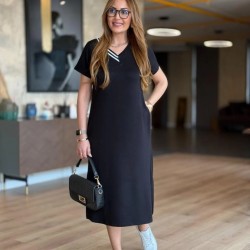 Kadın Kısa Kollu V Ribana Yakalı Yırtmaçlı Midi Viskon Iki Iplik Elbise , 25509