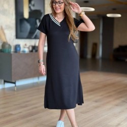 Kadın Kısa Kollu V Ribana Yakalı Yırtmaçlı Midi Viskon Iki Iplik Elbise , 25509