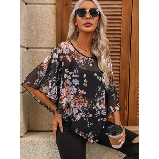 Kadın Kısa Kollu Yuvarlak Yaka çiçek Baskılı Asimetrik Kesim şifon Bluz, 25538 Kadın Kısa Kollu Yuvarlak Yaka çiçek Baskılı Asimetrik Kesim şifon Bluz, 25538