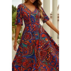 Kadın Kısa Kollu V Yakalı Desenli Süprem Elbise , 25579 Kadın Kısa Kollu V Yakalı Desenli Süprem Elbise , 25579