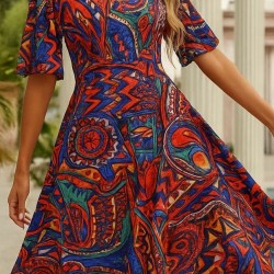 Kadın Kısa Kollu V Yakalı Desenli Süprem Elbise , 25579