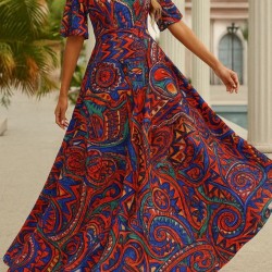 Kadın Kısa Kollu V Yakalı Desenli Süprem Elbise , 25579