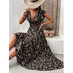 Kadın Kısa Kollu Kruvaze Yaka Beli Lastikli çiçek Desenli Elbise , 25594