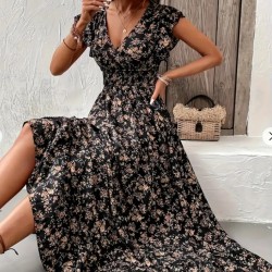 Kadın Kısa Kollu Kruvaze Yaka Beli Lastikli çiçek Desenli Elbise , 25594
