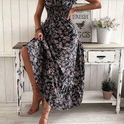 Kadın Kısa Kollu Kruvaze Yaka Beli Lastikli çiçek Desenli Elbise , 25594