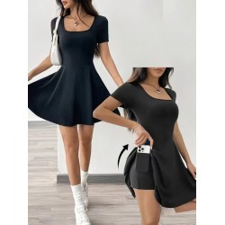 Kadın Kısa Kollu Kare Yaka Short Detaylı Cepli Dalgıç Elbise, 25592 Kadın Kısa Kollu Kare Yaka Short Detaylı Cepli Dalgıç Elbise, 25592