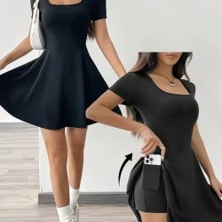 Kadın Kısa Kollu Kare Yaka Short Detaylı Cepli Dalgıç Elbise, 25592 Kadın Kısa Kollu Kare Yaka Short Detaylı Cepli Dalgıç Elbise, 25592