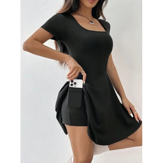 Kadın Kısa Kollu Kare Yaka Short Detaylı Cepli Dalgıç Elbise, 25592