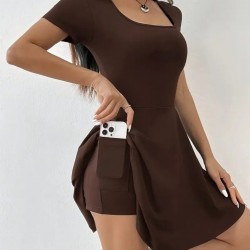 Kadın Kısa Kollu Kare Yaka Short Detaylı Cepli Dalgıç Elbise, 25591 Kadın Kısa Kollu Kare Yaka Short Detaylı Cepli Dalgıç Elbise, 25591