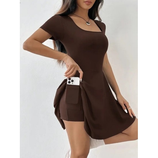 Kadın Kısa Kollu Kare Yaka Short Detaylı Cepli Dalgıç Elbise, 25591 Kadın Kısa Kollu Kare Yaka Short Detaylı Cepli Dalgıç Elbise, 25591