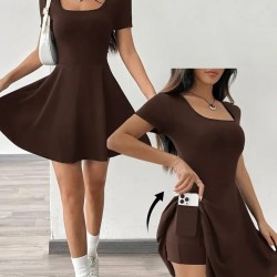 Kadın Kısa Kollu Kare Yaka Short Detaylı Cepli Dalgıç Elbise, 25591 Kadın Kısa Kollu Kare Yaka Short Detaylı Cepli Dalgıç Elbise, 25591