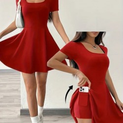 Kadın Kısa Kollu Kare Yaka Short Detaylı Cepli Dalgıç Elbise, 25590 Kadın Kısa Kollu Kare Yaka Short Detaylı Cepli Dalgıç Elbise, 25590
