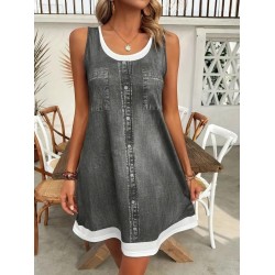 Kadın Askılı Yuvarlak Yakalı Kot Görünümlü Kısa Süprem Elbise , 25588