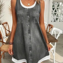 Kadın Askılı Yuvarlak Yakalı Kot Görünümlü Kısa Süprem Elbise , 25588