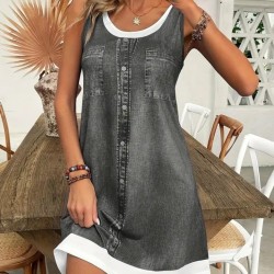 Kadın Askılı Yuvarlak Yakalı Kot Görünümlü Kısa Süprem Elbise , 25588