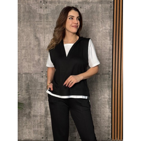 Kadın Kısa Kollu V Yakalı Kapşonlu Viskon Iki Iplik Bluz Ve Pantolon Takım, 25627 Kadın Kısa Kollu V Yakalı Kapşonlu Viskon Iki Iplik Bluz Ve Pantolon Takım, 25627