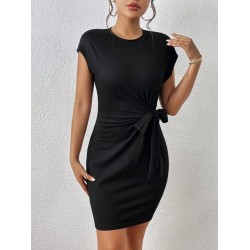 Kadın Kısa Kap Kollu Bisiklet Yaka Belden Bağlamalı Modal Mini Elbise, 25626 Kadın Kısa Kap Kollu Bisiklet Yaka Belden Bağlamalı Modal Mini Elbise, 25626