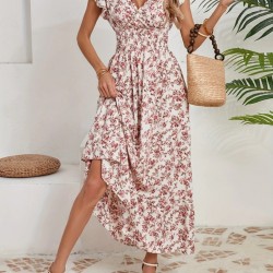 Kadın Kısa Kollu Kruvaze Yaka Beli Lastikli çiçek Desenli Elbise , 25637