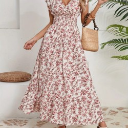 Kadın Kısa Kollu Kruvaze Yaka Beli Lastikli çiçek Desenli Elbise , 25637