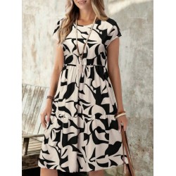 Kadın Kısa Kollu Bisiklet Yaka Desenli Fırfırlı Süprem Elbise, 25636