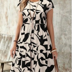Kadın Kısa Kollu Bisiklet Yaka Desenli Fırfırlı Süprem Elbise, 25636