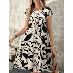 Kadın Kısa Kollu Bisiklet Yaka Desenli Fırfırlı Süprem Elbise, 25636