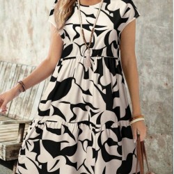 Kadın Kısa Kollu Bisiklet Yaka Desenli Fırfırlı Süprem Elbise, 25636