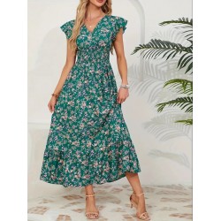 Kadın Kısa Kollu Kruvaze Yaka Beli Lastikli çiçek Desenli Elbise , 25681