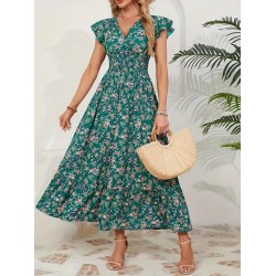 Kadın Kısa Kollu Kruvaze Yaka Beli Lastikli çiçek Desenli Elbise , 25681