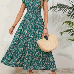 Kadın Kısa Kollu Kruvaze Yaka Beli Lastikli çiçek Desenli Elbise , 25681