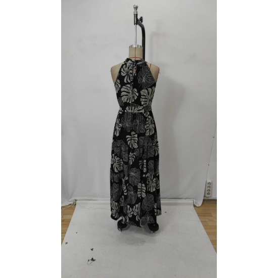 Kadın Kolsuz Halter Yaka Beli Lastikli  Otantik Desenli Mikro Kumaş Elbise, 25680