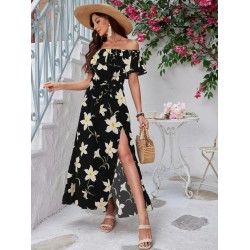 Kadın Kısa Kollu Madonna Yaka Fırfırlı Belden Yırtmaçlı Maksi örme Krep Elbise, 25697