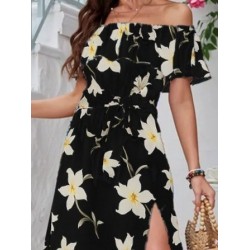 Kadın Kısa Kollu Madonna Yaka Fırfırlı Belden Yırtmaçlı Maksi örme Krep Elbise, 25697