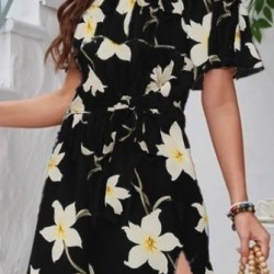 Kadın Kısa Kollu Madonna Yaka Fırfırlı Belden Yırtmaçlı Maksi örme Krep Elbise, 25697