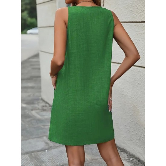 Kadın Askılı Omuzlardan Düğmeli Yuvarlak Yaka Cepli Keten Elbise, 25706