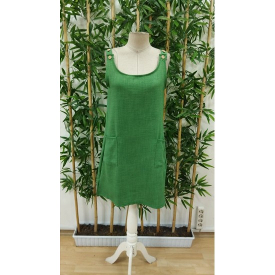 Kadın Askılı Omuzlardan Düğmeli Yuvarlak Yaka Cepli Keten Elbise, 25706